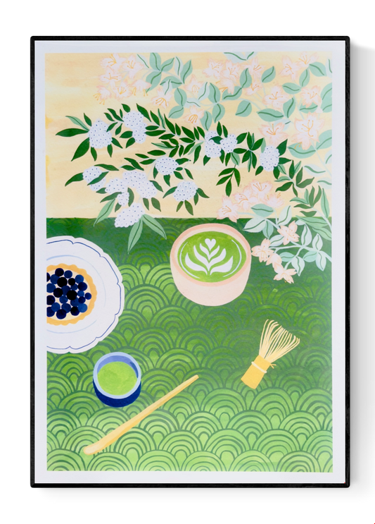 A3 art print "Matcha Time" by Leens featuring a flat-lay composition with a matcha latte in a ceramic bowl, bamboo whisk, green tea cup, tart with blueberries, floral branches, and Japanese wave patterns. Perfect for tea lovers and kitchen decor.