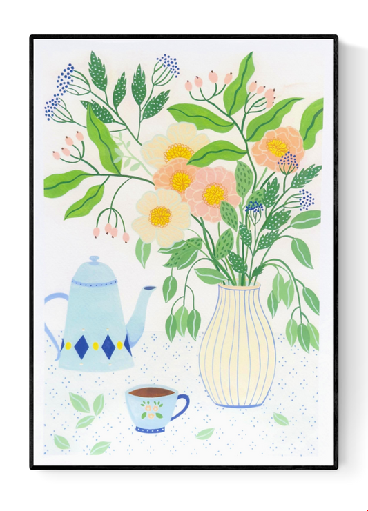 A3 art print "Afternoon Tea" by Leens featuring a pastel floral bouquet in a striped vase, vintage teapot, teacup, and dotted tablecloth. Perfect artwork for kitchens, tea lovers, or serene home corners.