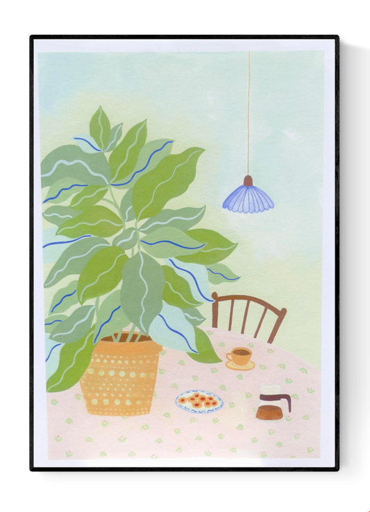 A3 illustration "Coffee Plant" by Leens showing a large leafy plant in a yellow pot, a table with a pink floral cloth, coffee cup, cookies, and carafe. Ideal for cozy kitchen or slow living decor.