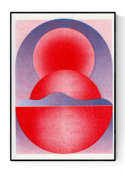 Abstract geometric risograph print by Dutch illustrator PTRVRKD – bold blue and red still life with circular shapes, gradients, and modern minimalist design, printed with eco-friendly soy inks on 250 gsm Biotop paper, handmade in the Netherlands – ideal contemporary wall art for design enthusiasts.
