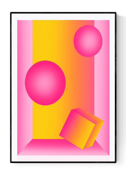 Neon pink and yellow geometric risograph print by Dutch illustrator PTRVRKD – abstract still life with floating spheres, tilted cube, and vibrant gradient design, printed with eco-friendly soy inks on 250 gsm Biotop paper, handmade in the Netherlands – bold modern wall art for color lovers.