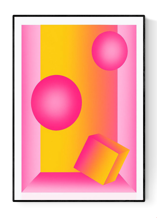 Neon pink and yellow geometric risograph print by Dutch illustrator PTRVRKD – abstract still life with floating spheres, tilted cube, and vibrant gradient design, printed with eco-friendly soy inks on 250 gsm Biotop paper, handmade in the Netherlands – bold modern wall art for color lovers.