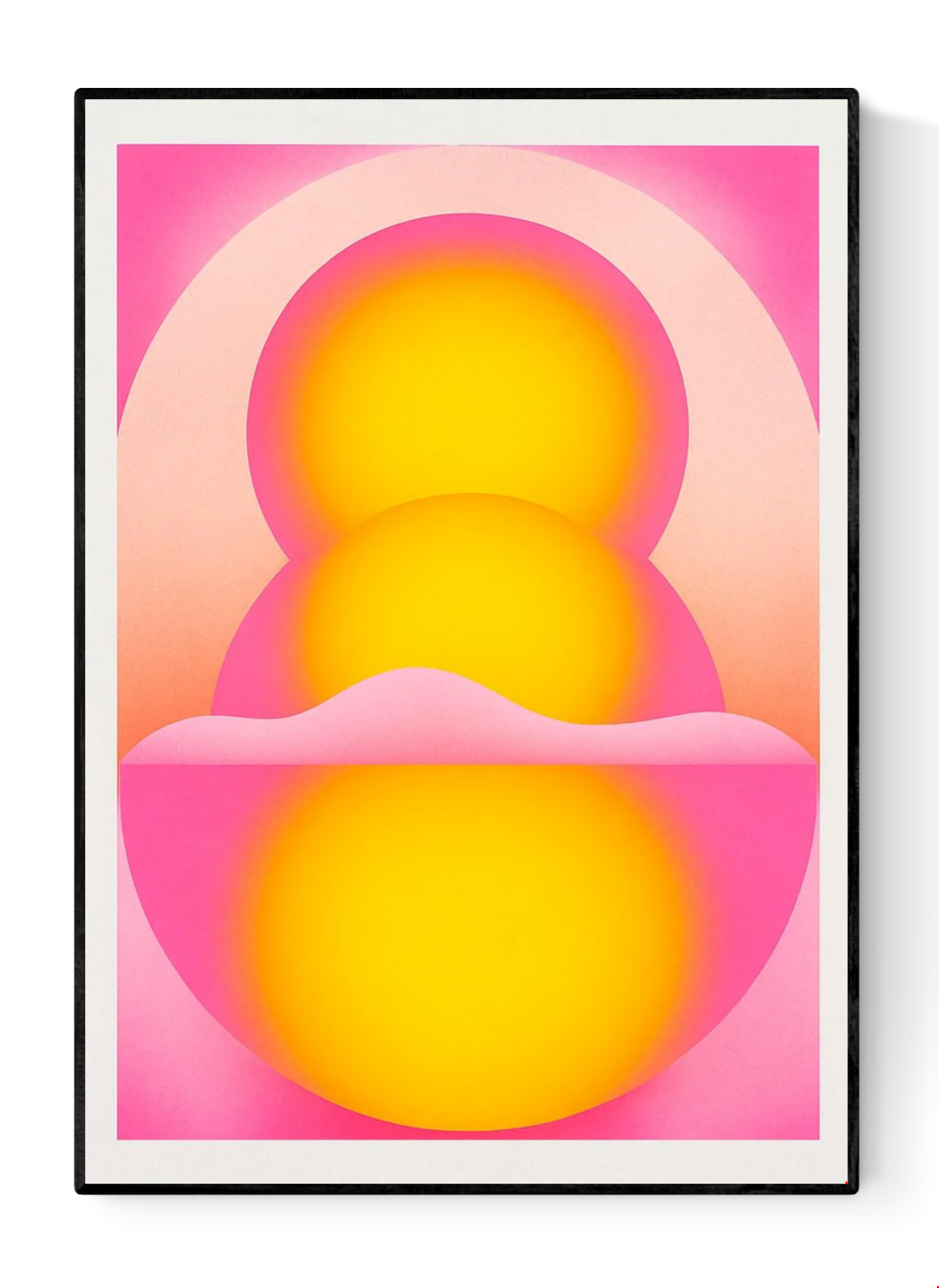 Yellow and pink geometric risograph print by Dutch illustrator PTRVRKD – abstract still life with radiant yellow spheres, soft pink gradients, and modern minimalist design, printed with eco-friendly soy inks on 250 gsm Biotop paper, handmade in the Netherlands – vibrant wall art for color and design lovers.