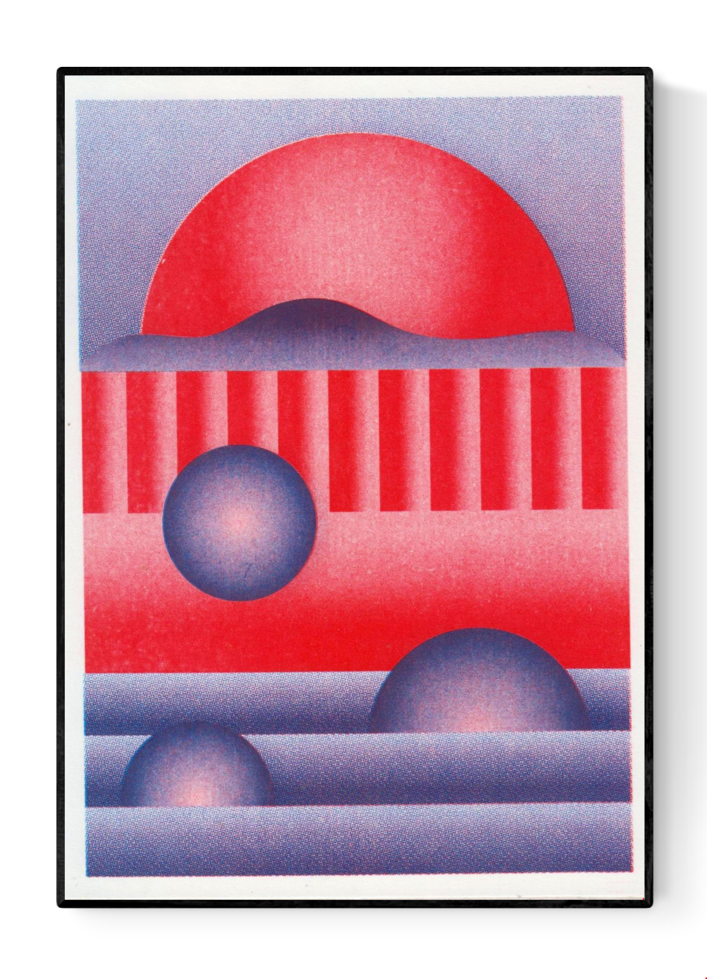 Red and purple geometric risograph print by Dutch illustrator PTRVRKD. Abstract modern art featuring bold circular shapes, vibrant red and purple gradients, and layered lines. Unique, handmade art print on Biotop paper, perfect for modern home or office decoration