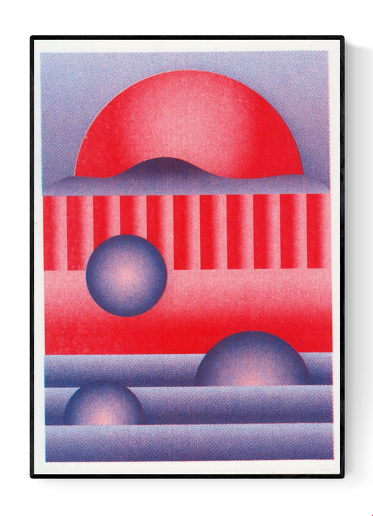 Red and purple geometric risograph print by Dutch illustrator PTRVRKD. Abstract modern art featuring bold circular shapes, vibrant red and purple gradients, and layered lines. Unique, handmade art print on Biotop paper, perfect for modern home or office decoration