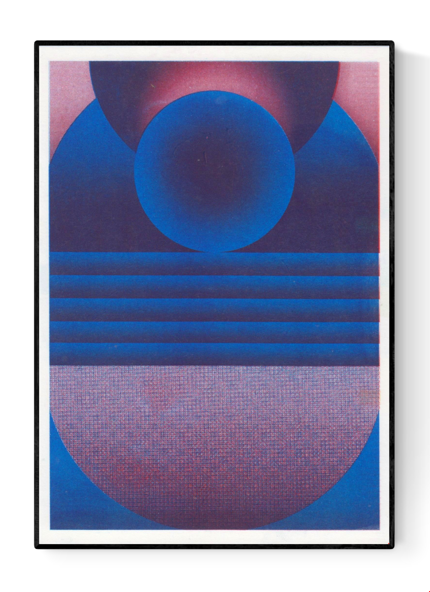 Blue and purple geometric risograph print by Dutch illustrator PTRVRKD. Abstract art featuring bold circular shapes and layered lines in vibrant blue and purple tones on high-quality Biotop paper. Modern, minimal art print perfect for home or office decoration