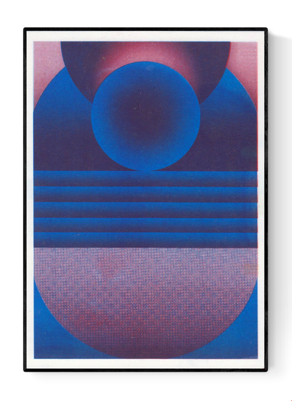 Blue and purple geometric risograph print by Dutch illustrator PTRVRKD. Abstract art featuring bold circular shapes and layered lines in vibrant blue and purple tones on high-quality Biotop paper. Modern, minimal art print perfect for home or office decoration
