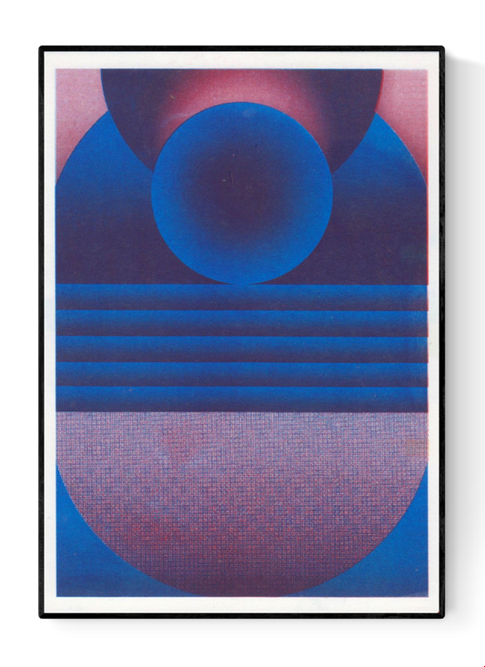 Blue and purple geometric risograph print by Dutch illustrator PTRVRKD. Abstract art featuring bold circular shapes and layered lines in vibrant blue and purple tones on high-quality Biotop paper. Modern, minimal art print perfect for home or office decoration