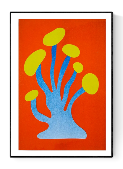 Blue and yellow funky mushroom risograph print by Dutch illustrator PTRVRKD – playful abstract botanical design with organic blue stems, bold yellow caps, and fiery orange background, printed with eco-friendly soy inks on 250 gsm Biotop paper, handmade in the Netherlands – quirky small art print for modern interiors.