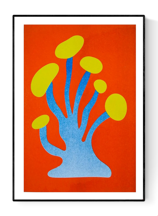 Blue and yellow funky mushroom risograph print by Dutch illustrator PTRVRKD – playful abstract botanical design with organic blue stems, bold yellow caps, and fiery orange background, printed with eco-friendly soy inks on 250 gsm Biotop paper, handmade in the Netherlands – quirky small art print for modern interiors.