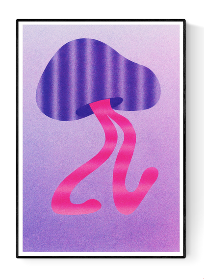 Purple and pink funky mushroom risograph print by Dutch illustrator PTRVRKD – playful minimalist botanical design with wavy purple mushroom cap, flowing pink stems, and soft lilac background, printed with eco-friendly soy inks on 250 gsm Biotop paper, handmade in the Netherlands – quirky small art print for modern spaces.