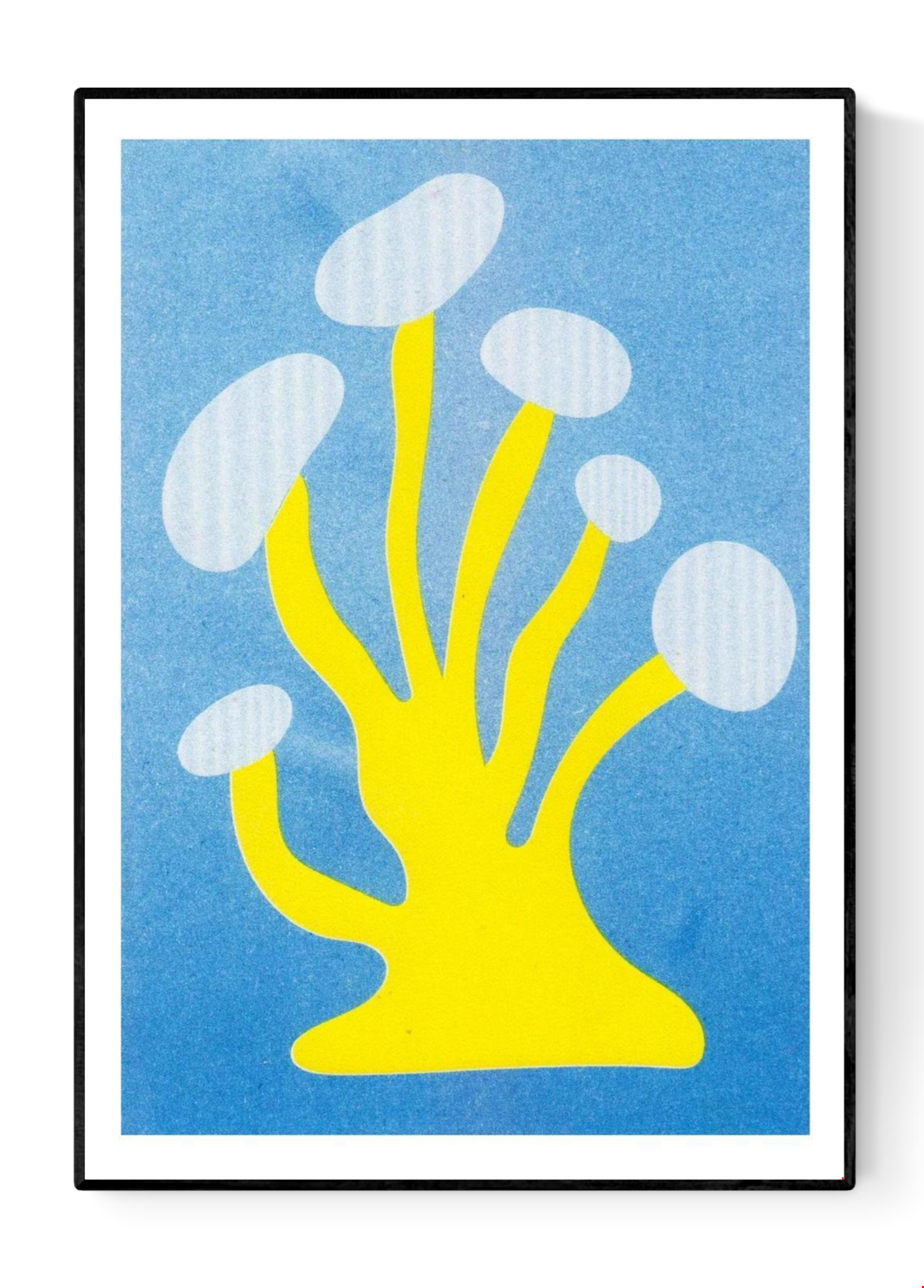 Funky yellow mushroom risograph print by Dutch illustrator PTRVRKD – playful minimalist design with bold organic mushroom shape on a bright blue background, printed with eco-friendly soy inks on 250 gsm Biotop paper, handmade in the Netherlands – quirky small art print for modern interiors.