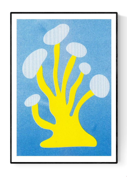 Funky yellow mushroom risograph print by Dutch illustrator PTRVRKD – playful minimalist design with bold organic mushroom shape on a bright blue background, printed with eco-friendly soy inks on 250 gsm Biotop paper, handmade in the Netherlands – quirky small art print for modern interiors.
