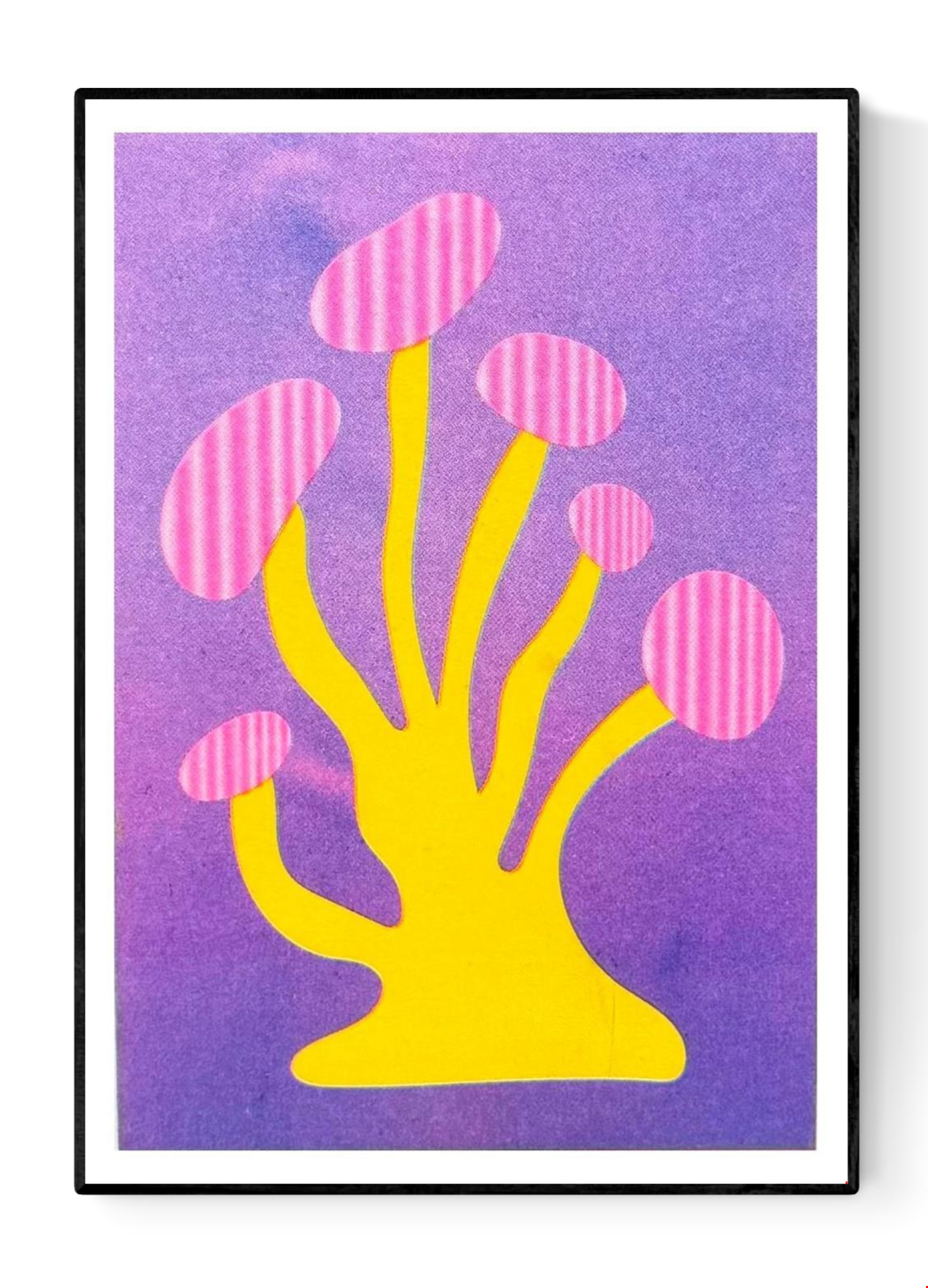 Yellow and pink funky mushroom risograph print by Dutch illustrator PTRVRKD – playful abstract design with organic yellow stems, pink striped mushroom caps, and soft purple background, printed with eco-friendly soy inks on 250 gsm Biotop paper, handmade in the Netherlands – quirky small art print for modern interiors.