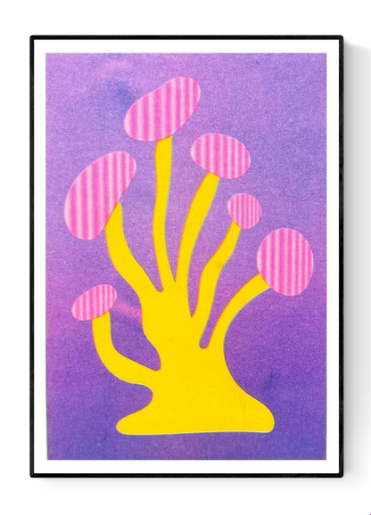 Yellow and pink funky mushroom risograph print by Dutch illustrator PTRVRKD – playful abstract design with organic yellow stems, pink striped mushroom caps, and soft purple background, printed with eco-friendly soy inks on 250 gsm Biotop paper, handmade in the Netherlands – quirky small art print for modern interiors.
