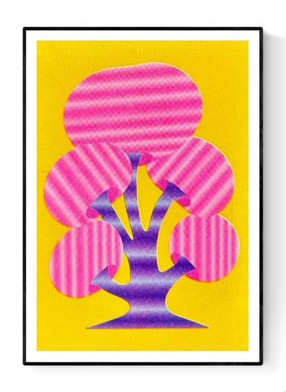 Funky abstract mushroom risograph print by Dutch illustrator PTRVRKD – bold minimalist design with purple stem, striped pink mushroom caps, and bright yellow background, printed with eco-friendly soy inks on 250 gsm Biotop paper, handmade in the Netherlands – small, playful art print for modern spaces.