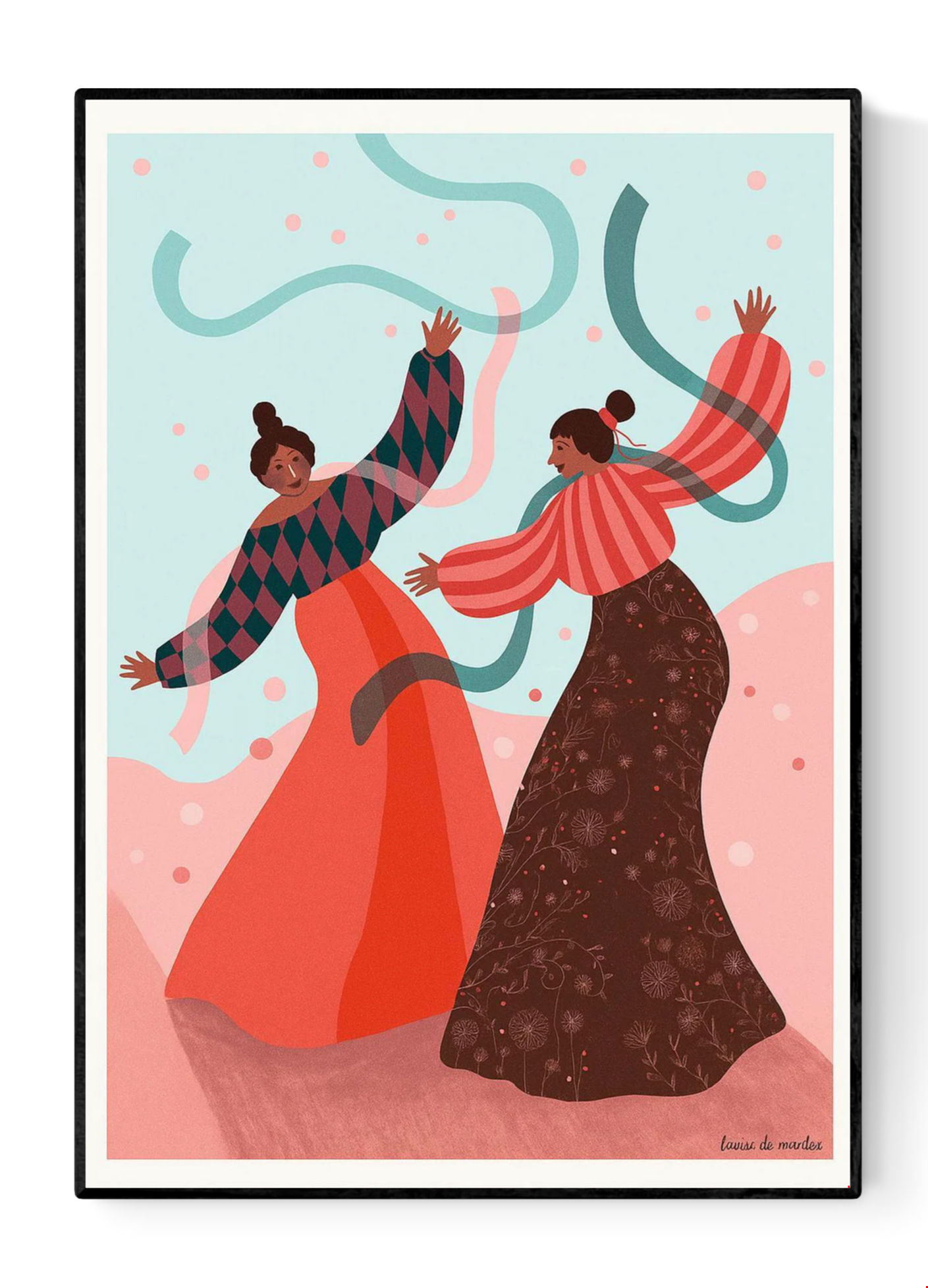 Joyful art print titled De dans by Belgian illustrator Louise de Meester, featuring two women dancing with flowing ribbons in a colorful landscape, printed in Belgium on high-quality A3 paper.