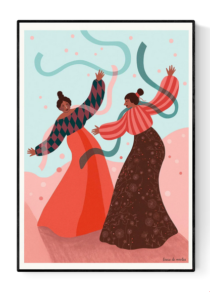 Joyful art print titled De dans by Belgian illustrator Louise de Meester, featuring two women dancing with flowing ribbons in a colorful landscape, printed in Belgium on high-quality A3 paper.