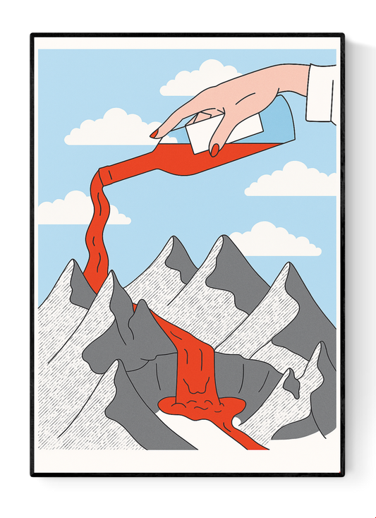 A3 risograph print titled Mountains and Wine by Belgian illustrator Studio Stoutpoep. Features a surreal scene of a giant hand pouring red wine over cartoon-style snowy mountains, turning it into a flowing river. Printed with soy-based inks on recycled paper in Belgium.