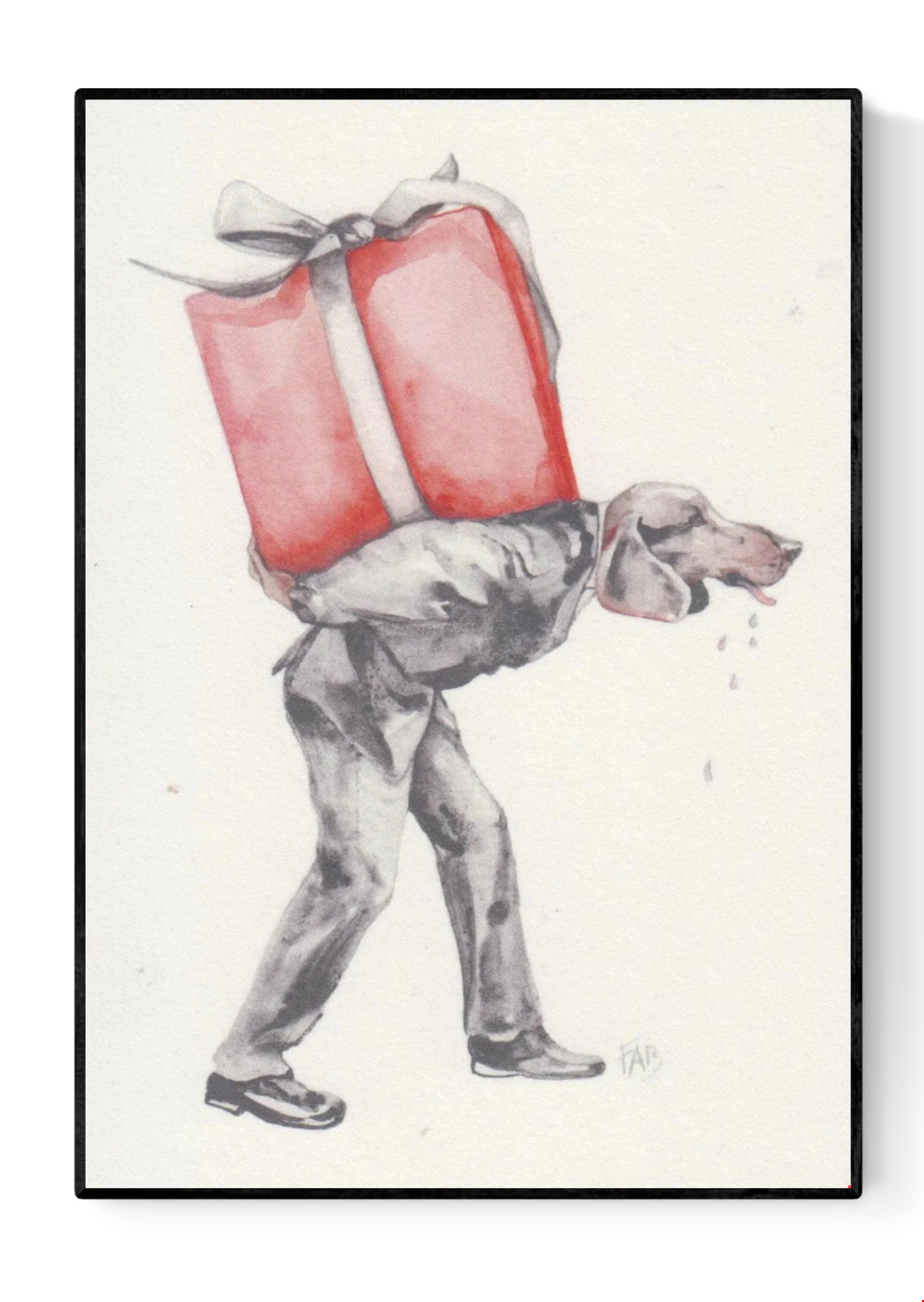 For You art card by Belgian artist FAB, A6 size (10.5 x 14.8 cm) printed on 300g Munken Pure Rough paper, featuring a surreal anthropomorphic figure with a dog’s head carrying a large red gift box, painted in watercolor with humorous and whimsical detail.