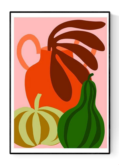 Colorful still life illustration of green pumpkin, orange jug, and gourd by Teresa Rego – modern A3 art print on 300g Munken paper, perfect for kitchen or home decor