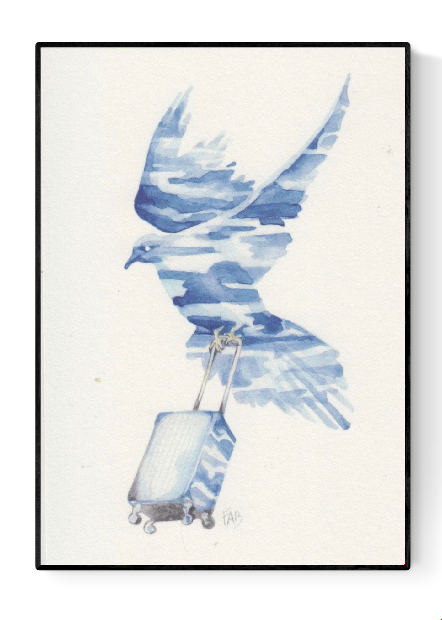 In Transit art card by Belgian artist FAB, A6 size (10.5 x 14.8 cm) printed on 300g Munken Pure Rough paper, featuring a blue watercolor bird in flight carrying a rolling suitcase, symbolizing travel and freedom.