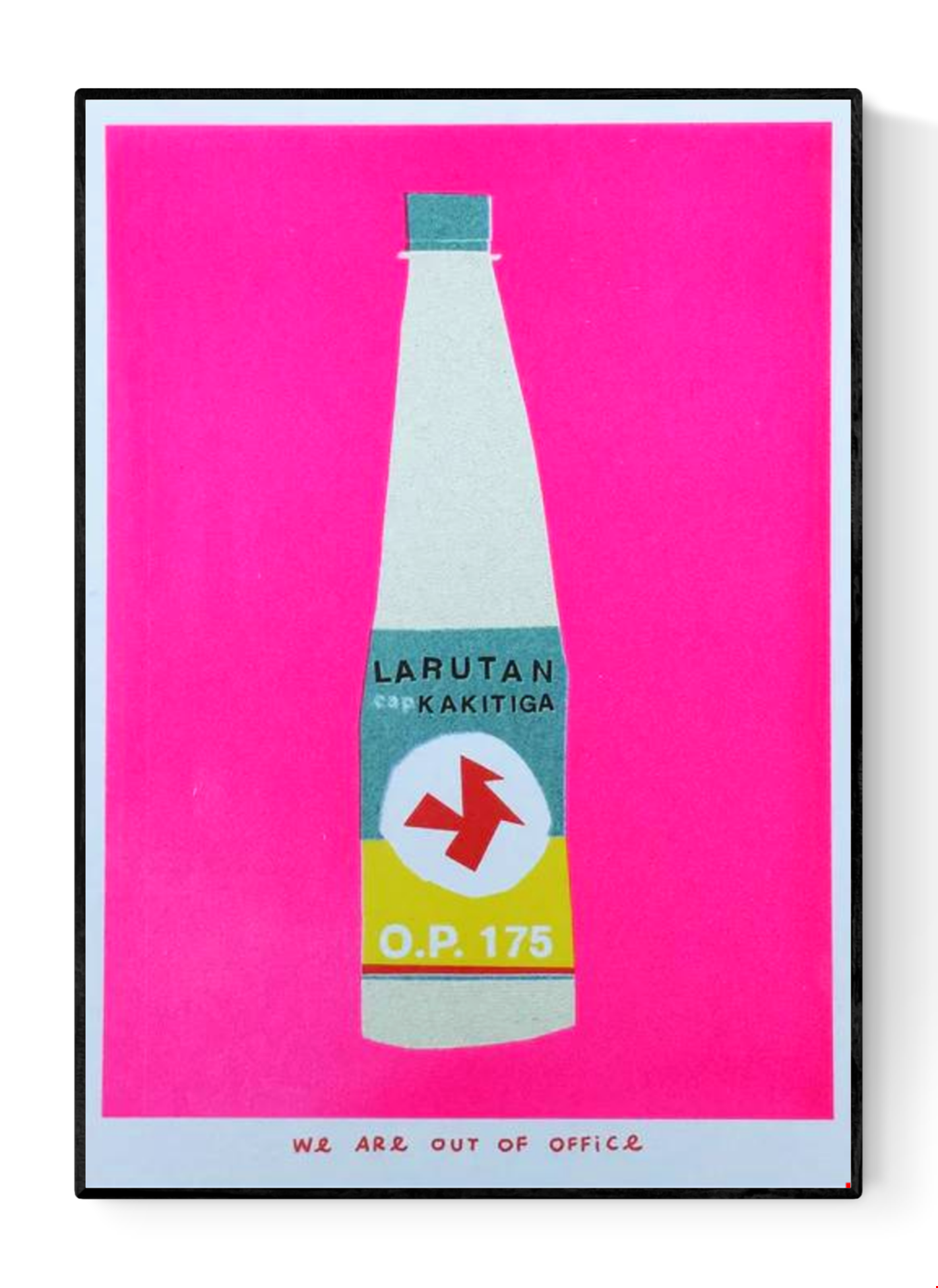 Indonesian Bottle Kakitiga risograph print by We Are Out of Office – colorful minimalist soy-ink artwork on 300g Biotop paper, inspired by Indonesian daily life, printed in the Netherlands.