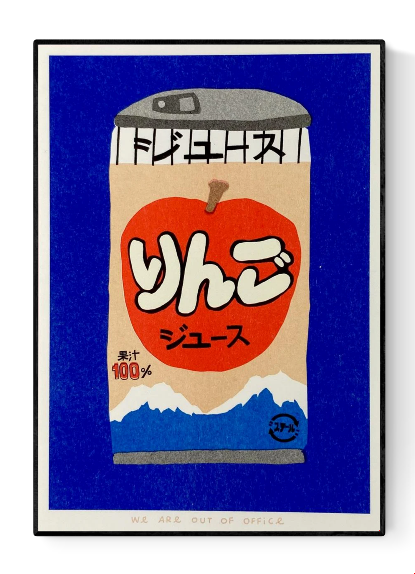 Colorful risograph print by We Are Out Of Office showing a can of Japanese apple juice with Mount Fuji in the background, printed in red, blue, and beige tones on eco-friendly paper – modern pop art wall decor for design lovers.