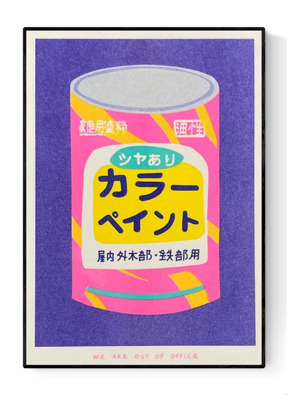 Colorful risograph art print titled Japanese Bucket of Paint by Dutch duo We Are Out Of Office, featuring a retro Japanese paint can in bright fluorescent pink, purple, and yellow tones. Hand-printed with rice-based inks on Biotop 300g paper, perfect for pop art and design lovers.