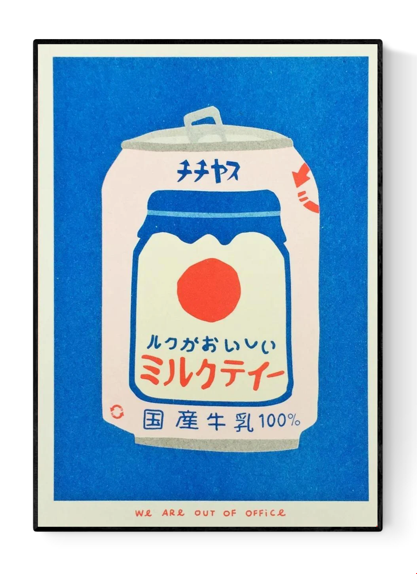 Japanese Can of Milky Tea risograph print by We Are Out of Office – bold and colorful pop-art illustration of retro Japanese drink can in blue, red, and cream tones, printed with soy ink on 300g Biotop paper.