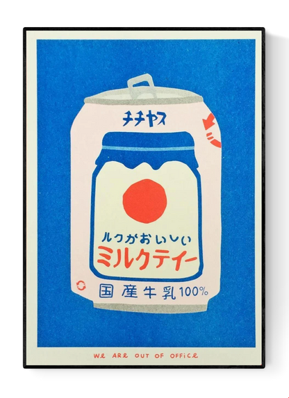 Japanese Can of Milky Tea risograph print by We Are Out of Office – bold and colorful pop-art illustration of retro Japanese drink can in blue, red, and cream tones, printed with soy ink on 300g Biotop paper.