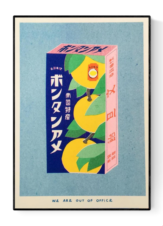 Japanese Candy Box risograph print by We Are Out of Office – vibrant pop-art style illustration of a vintage Japanese bonbon box with yellow fruit and kanji, printed with soy ink on 300g Biotop paper in the Netherlands.