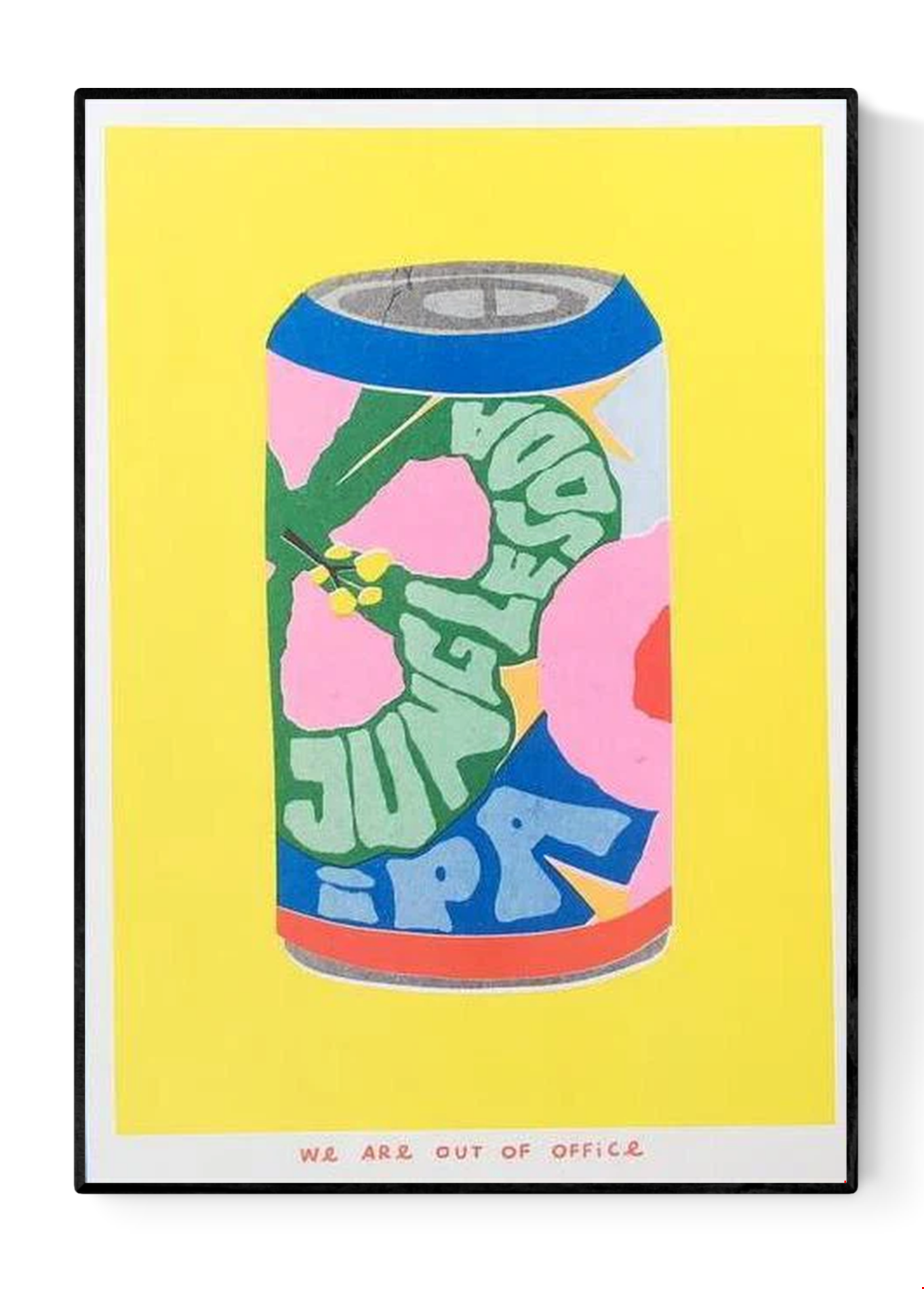 Colorful risograph print of a soda can with floral patterns and bold lettering titled “Jungle Soda IPA” by We Are Out Of Office – small-format wall art with bright yellow background, pop art style, 13 x 18 cm.