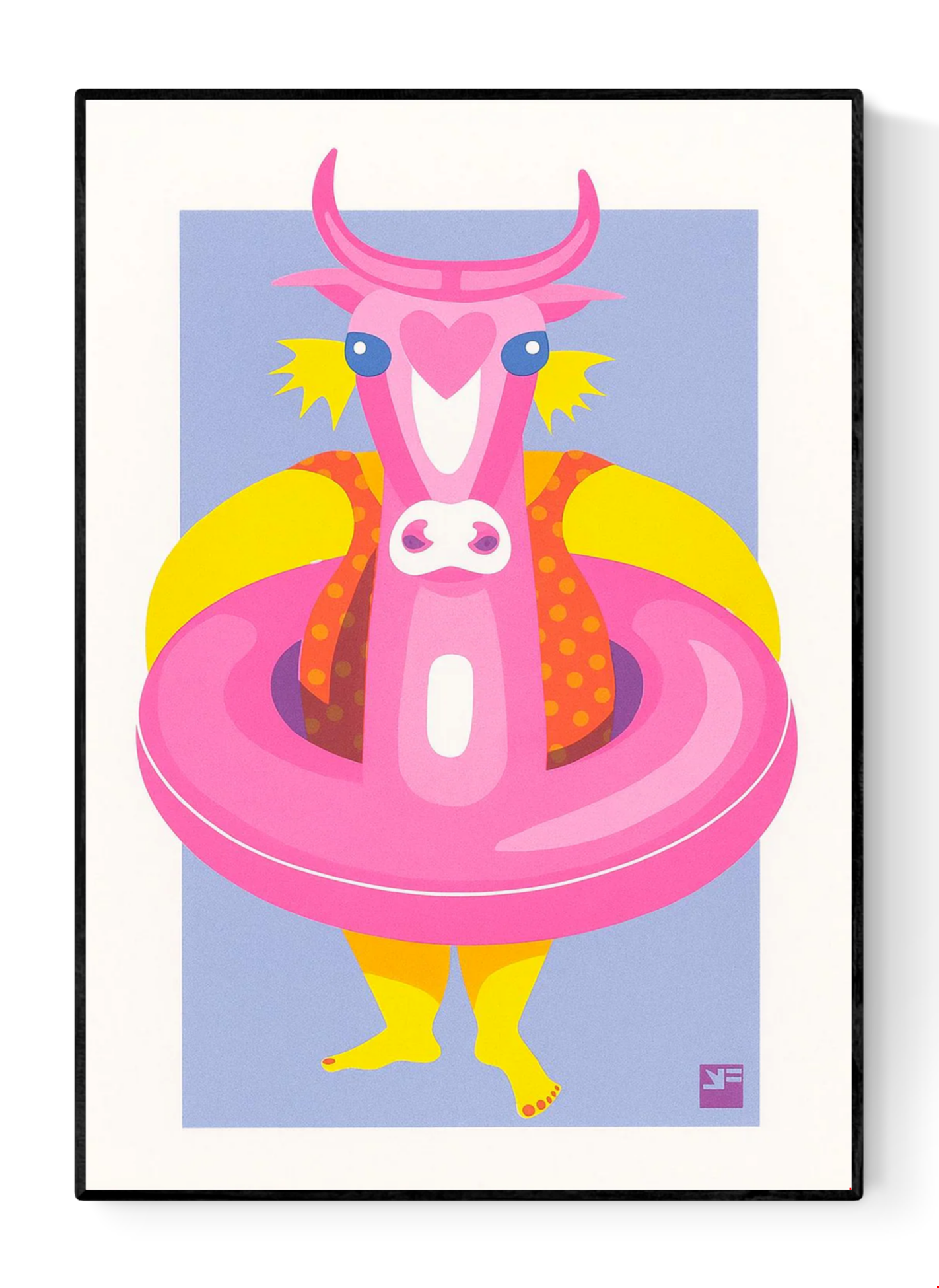 Playful risograph illustration of a child with a large pink inflatable cow float at the beach, in vibrant summer colors – Kid with Floating Cow by VrijFormaat – A4 art print.