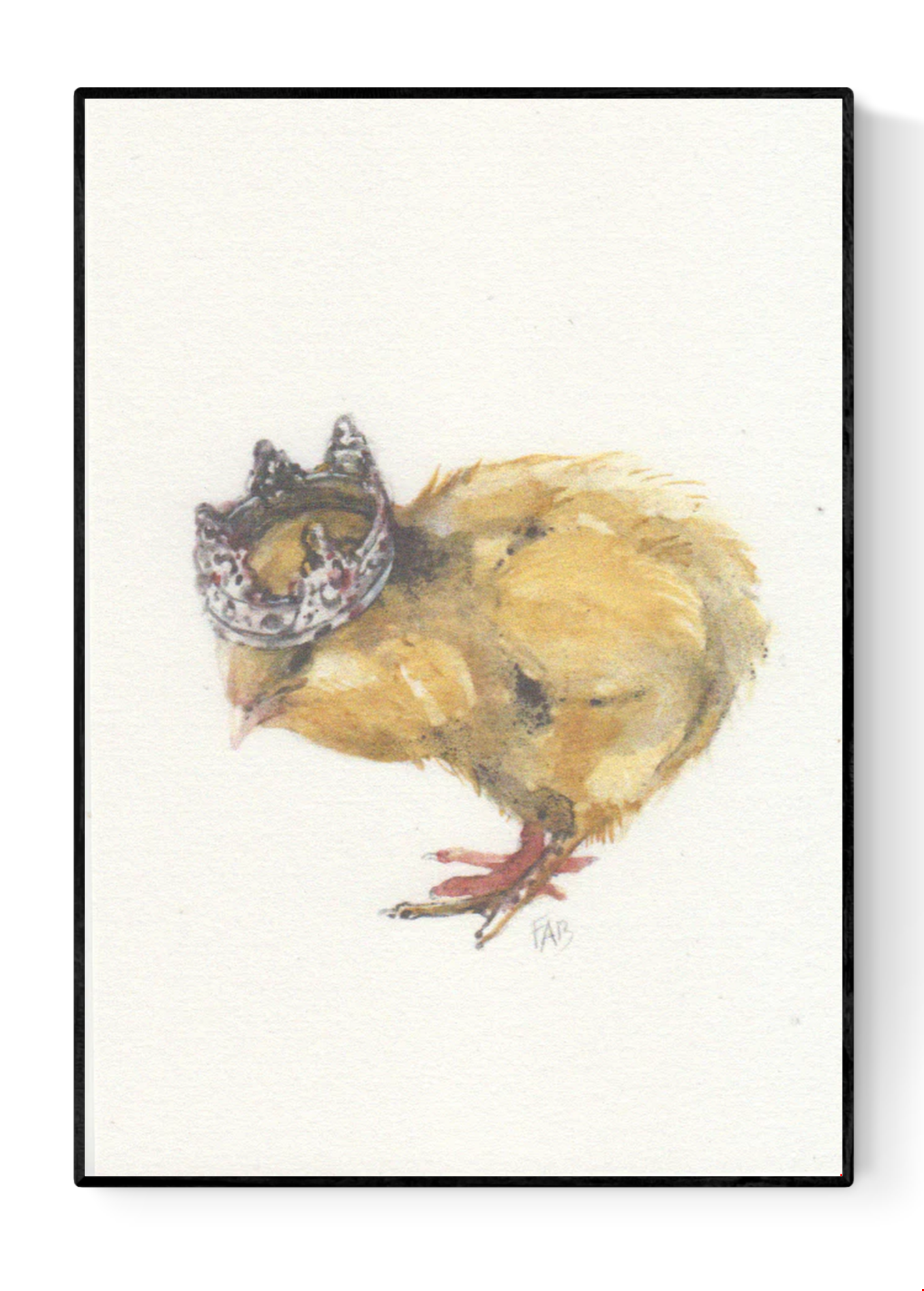Watercolor-style A6 illustration of a fluffy yellow chick wearing a royal crown on textured paper – King Chick by Belgian artist FAB.