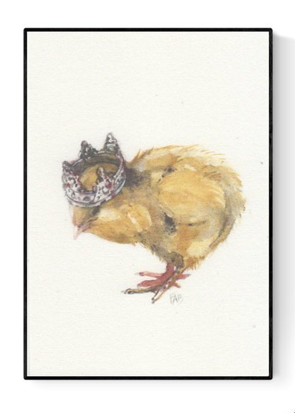 Watercolor-style A6 illustration of a fluffy yellow chick wearing a royal crown on textured paper – King Chick by Belgian artist FAB.