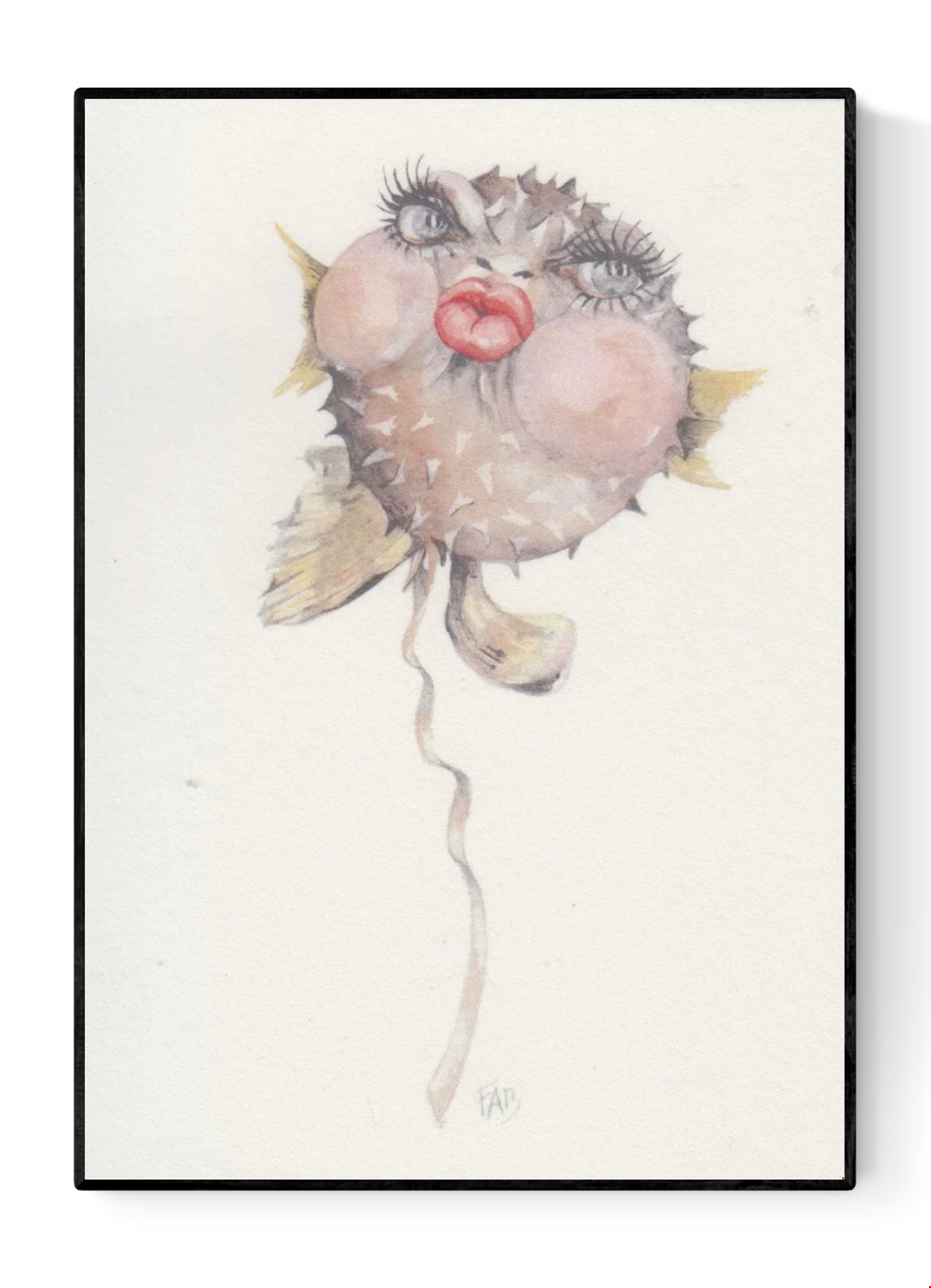 Kiss art card by Belgian illustrator FAB, A6 size (10.5 x 14.8 cm) printed on premium 300g Munken Pure Rough paper, featuring a humorous watercolor pufferfish with long eyelashes and bright red lips, ideal for sending love or as a collectible art postcard.