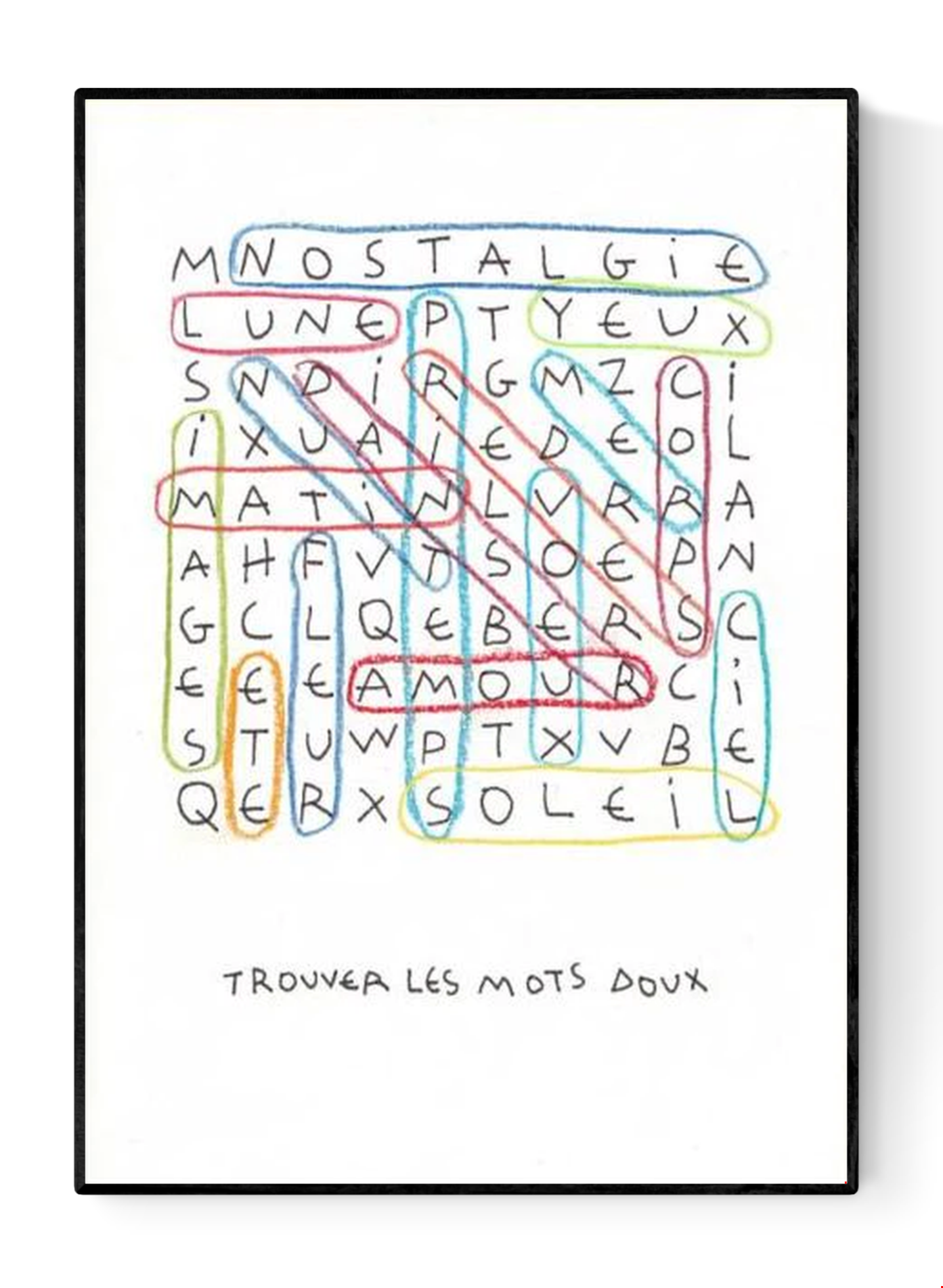 Risograph art print “Les mots doux” by Paul Lecat – colorful word search illustration featuring French words like “amour,” “soleil,” and “nostalgie” drawn in soft red, blue, and yellow lines on white background, poetic modern wall art in A3 format.