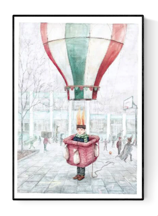 Whimsical illustration by Stien van Kerckhoven showing a child in a red hot air balloon basket with flames above his head, floating gently in a schoolyard among playing children. Dreamy and poetic digital art print in soft pastel tones, perfect for adding warmth and imagination to home decor.