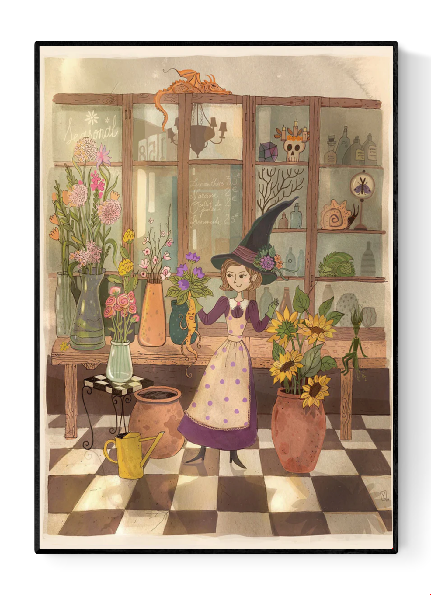 Illustration by Lena Yampolski showing a witch arranging magical flowers in a cozy botanical shop, surrounded by sunflowers, mandrakes, potions and fantasy creatures, in warm earthy tones.