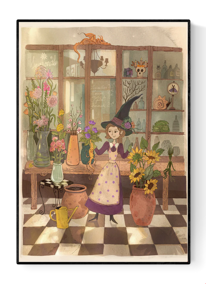 Illustration by Lena Yampolski showing a witch arranging magical flowers in a cozy botanical shop, surrounded by sunflowers, mandrakes, potions and fantasy creatures, in warm earthy tones.