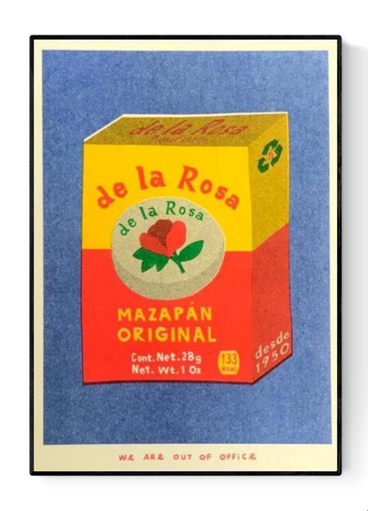 Mazapan Original risograph print by We Are Out of Office – colorful pop-style illustration of a traditional Mexican marzipan candy box, printed with soy ink on 300g Biotop paper in the Netherlands.