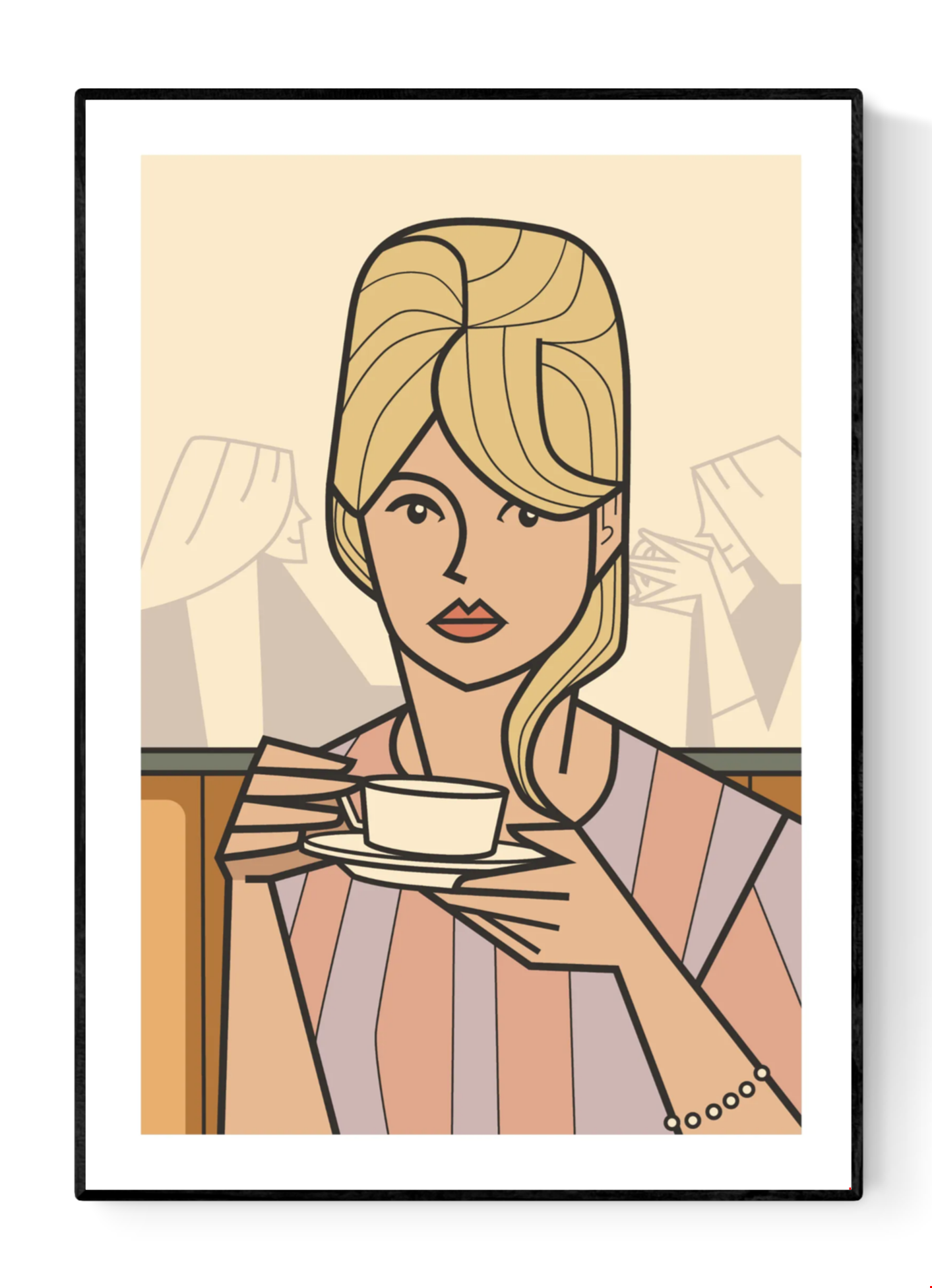 Dreaming of … by Floor 4 Productions, A3 art print featuring a serene, stylish woman in soft pastel tones, created in a clean four-color graphic style on textured matte 300gsm paper. Elegant modern illustration perfect for adding calm, sophisticated charm to living rooms, bedrooms, cafés, and contemporary interiors.