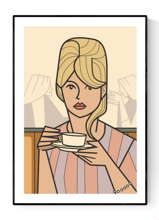 Dreaming of … by Floor 4 Productions, A3 art print featuring a serene, stylish woman in soft pastel tones, created in a clean four-color graphic style on textured matte 300gsm paper. Elegant modern illustration perfect for adding calm, sophisticated charm to living rooms, bedrooms, cafés, and contemporary interiors.