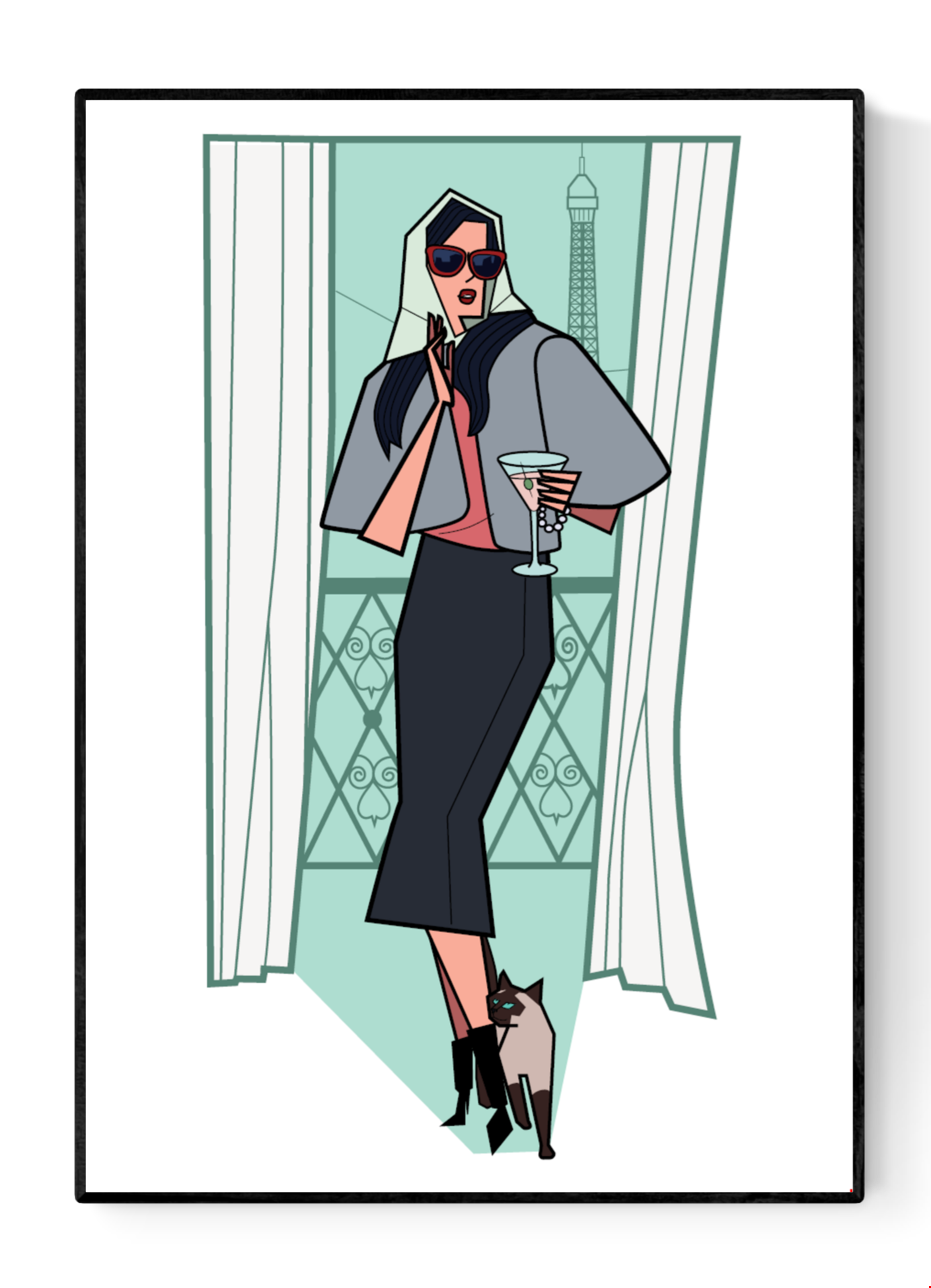 Illustration of a stylish woman in sunglasses holding a cocktail on a Paris balcony with the Eiffel Tower behind her, accompanied by a Siamese cat at her feet; modern geometric style, soft pastel tones, A4/A3 art print by Floor 4 Productions; perfect for chic home décor and contemporary wall art.