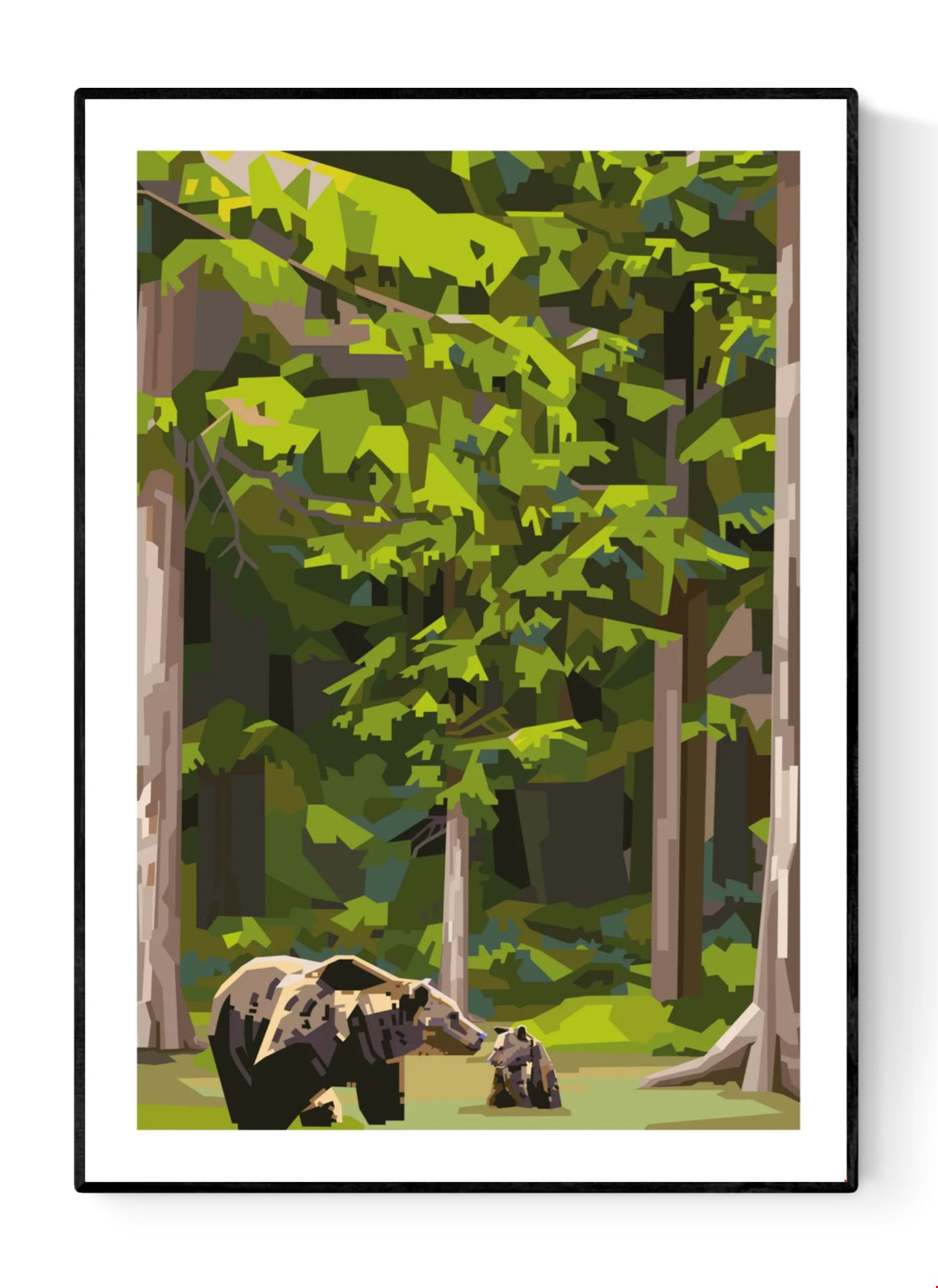 Limited edition forest illustration ‘Momma Bear’ by Floor 4 Productions, showing a mother bear and cub in a lush green woodland with layered geometric shapes; A3 four-color print on 300 gsm matte textured paper; modern nature wall art from Belgium.