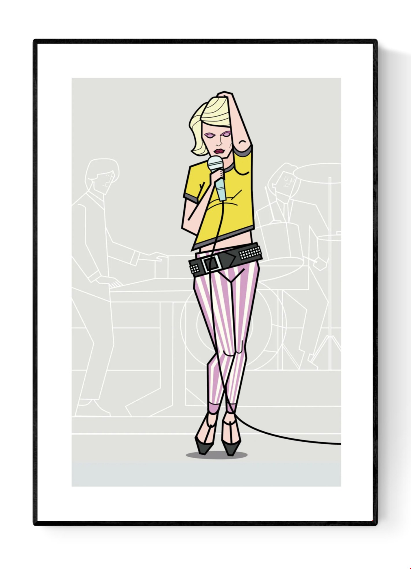 Illustration of a stylish punk singer in pastel striped pants and a yellow crop top, holding a microphone with confident attitude, created by Floor 4 Productions. Modern geometric line style with subtle band figures in the background. Limited edition art print available in A4 or A3, four-color print on matte 300g textured paper, perfect for music lovers and contemporary art collectors.