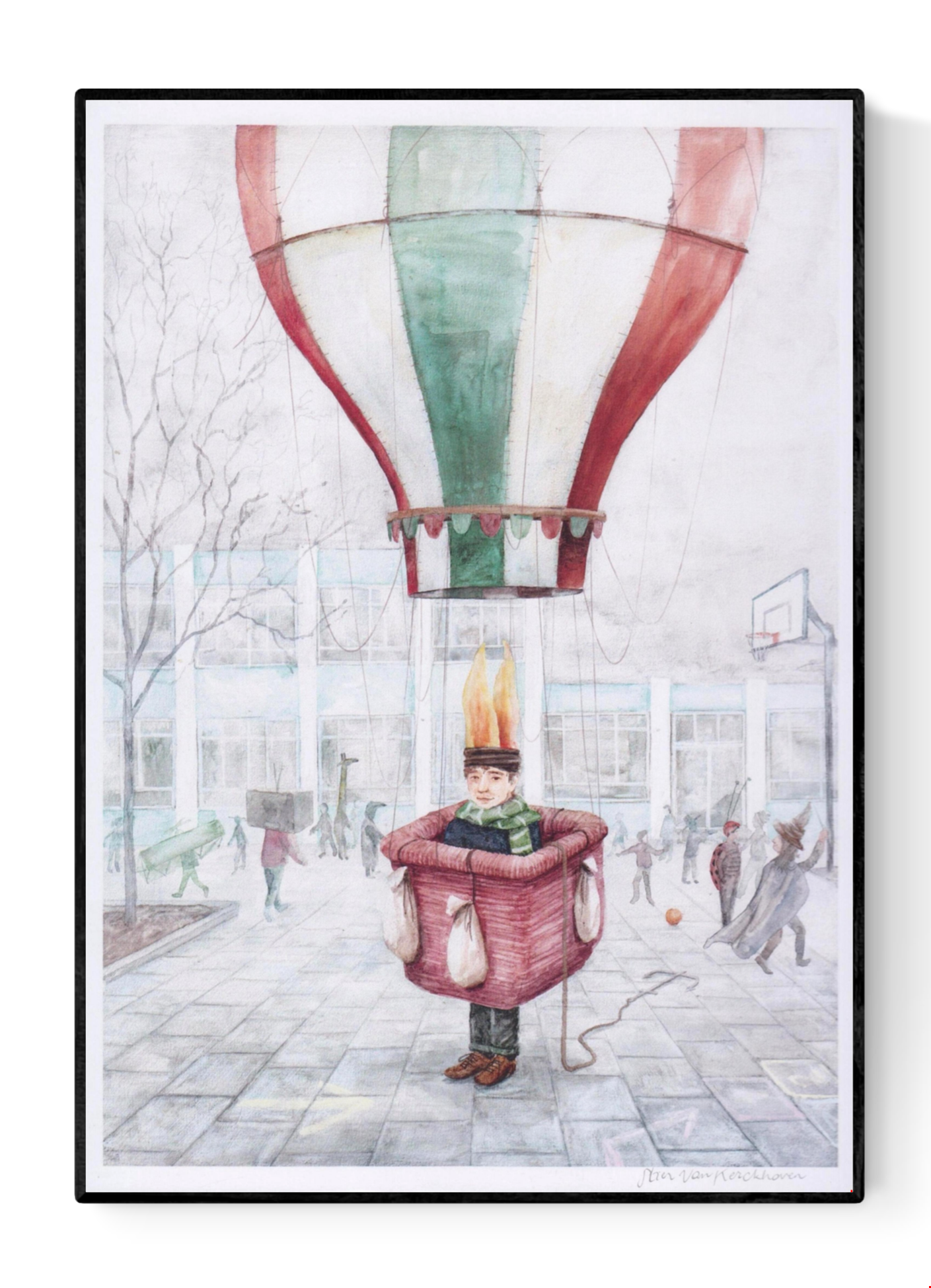 Whimsical illustration by Stien van Kerckhoven showing a child in a red hot air balloon basket with flames above his head, floating gently in a schoolyard among playing children. Dreamy and poetic digital art print in soft pastel tones, perfect for adding warmth and imagination to home decor.