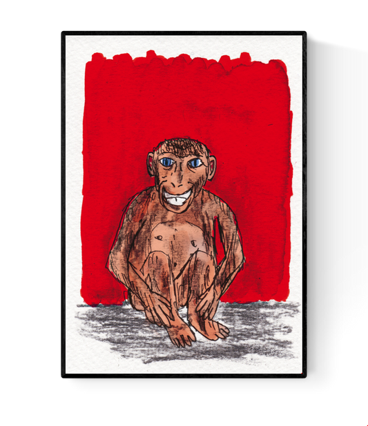 A6 greeting card illustration titled “De aap” by Ilia Claus featuring a hand-drawn monkey with big blue eyes, set against a bright red background. Part of the Ecoline series, printed on 350g paper with envelope included.