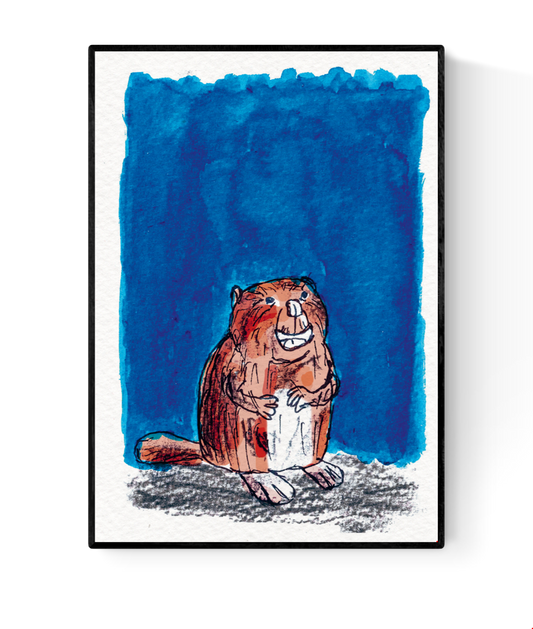 A6 greeting card titled “De bever” by Ilia Claus featuring a hand-drawn smiling beaver against a vibrant blue watercolor background. Part of the Ecoline series, printed on 350g art card with envelope included.